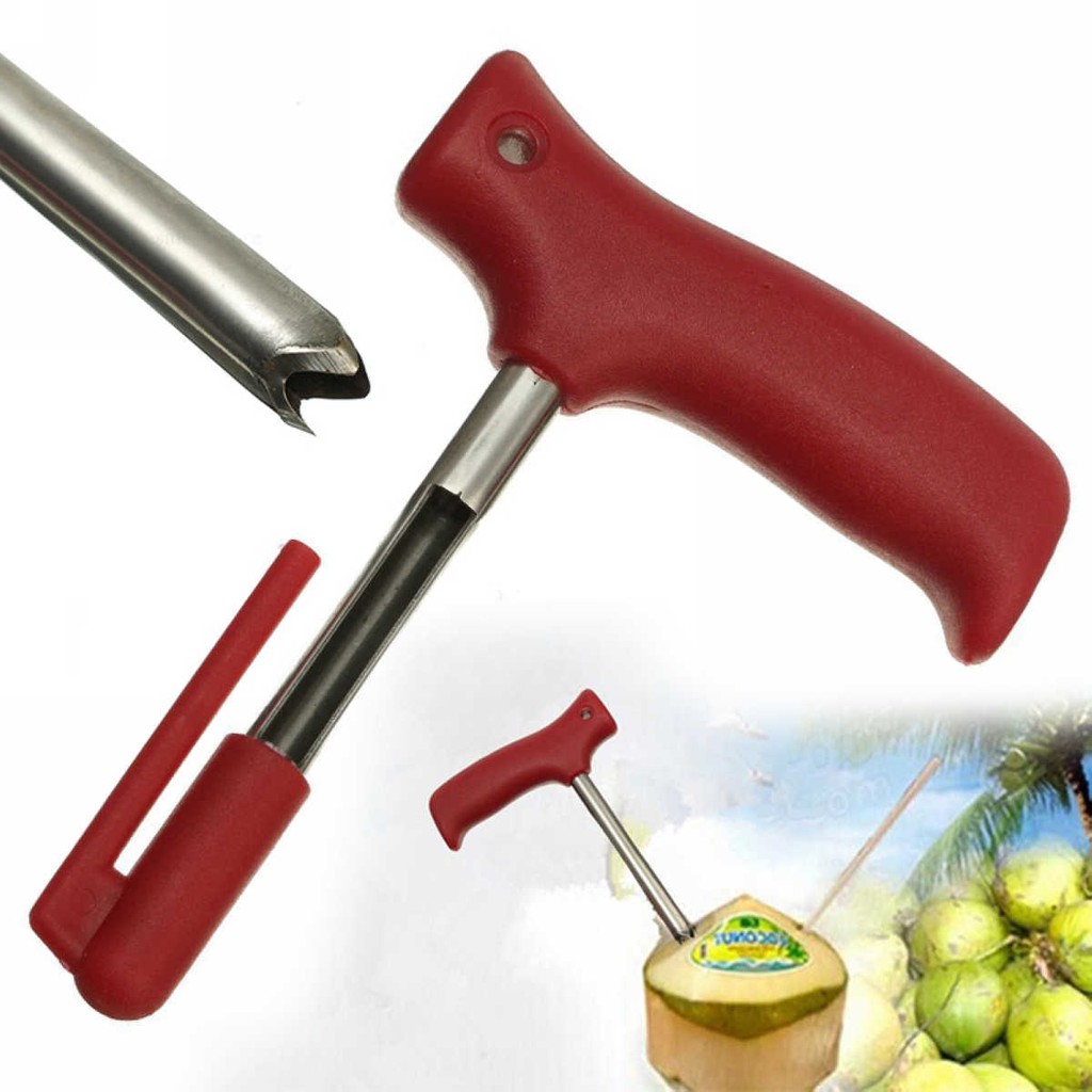 New Stainless Steel Red Handle Coconut Opener Punch Driller Cut Drill Hole Tools