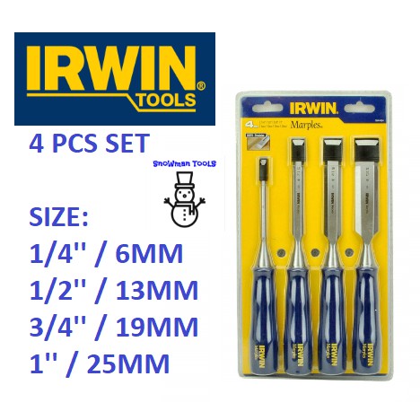 IRWIN M444 WOOD CHISEL SET 4 PCS WOODWORKING CUTTING,1/4'' 1/2" 3/4" 1" MARPLES CHISELS 4PCS