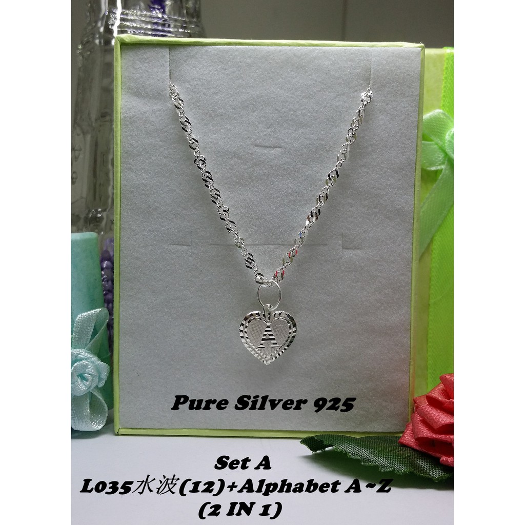 Genuine SILVER 925 Necklace & Heart-shaped Alphabet Pendant (A~Z) (2 IN 1)