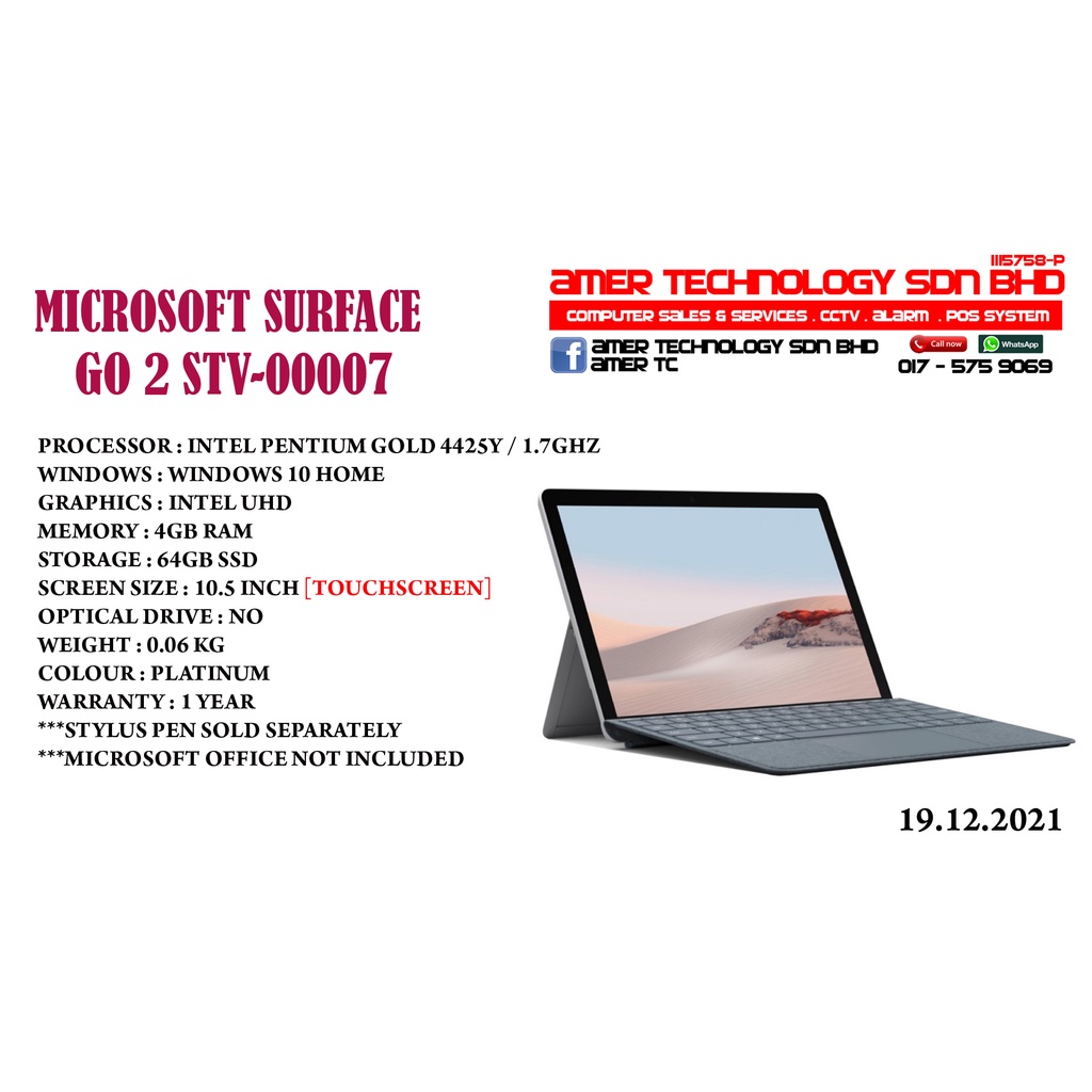 MICROSOFT SURFACE GO 2 STV-00007 || INTEL PENTIUM GOLD 4425Y / 1.7GHZ [  TOUCHSCREEN ] | Shopee Malaysia