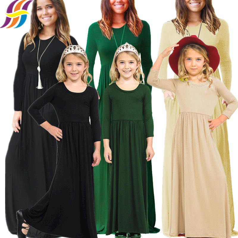 Mom and Me Dress Long Sleeve Casual Plain Long Dress Kids Girls Princess Dress Women Maxi Dresses Matching Outfit Plain Dress Family Set Clothes