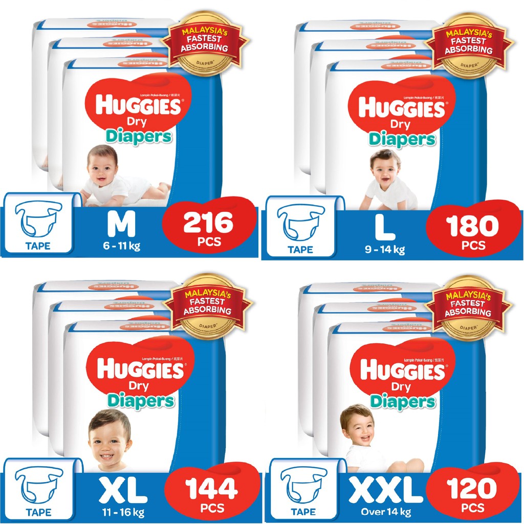Huggies Dry Diapers Tape Jumbo M72 / L60 / XL48 / XXL40 Shopee Malaysia