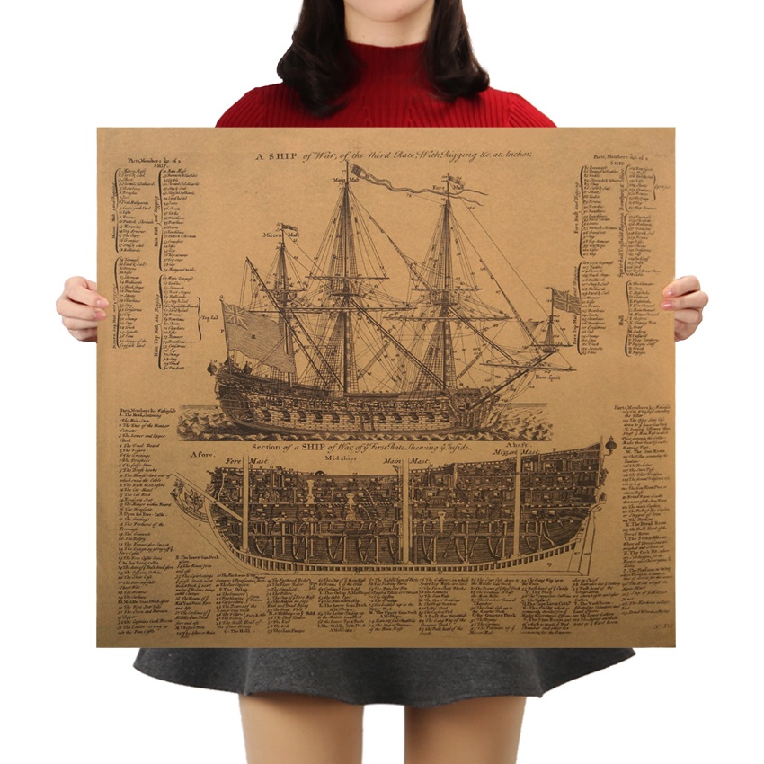 DLKKLB Great Maritime Era Ancient Warship Design Drawings Vintage Posters Kraft Paper Posters Wall Stickers Mural Decoration