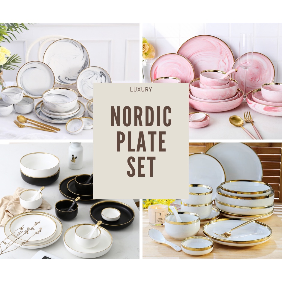 BO.EN Nordic Luxury Set Ceramic Tableware/ Dinnerware Set Gold Rim Dinner Plate / Bowl / Spoon