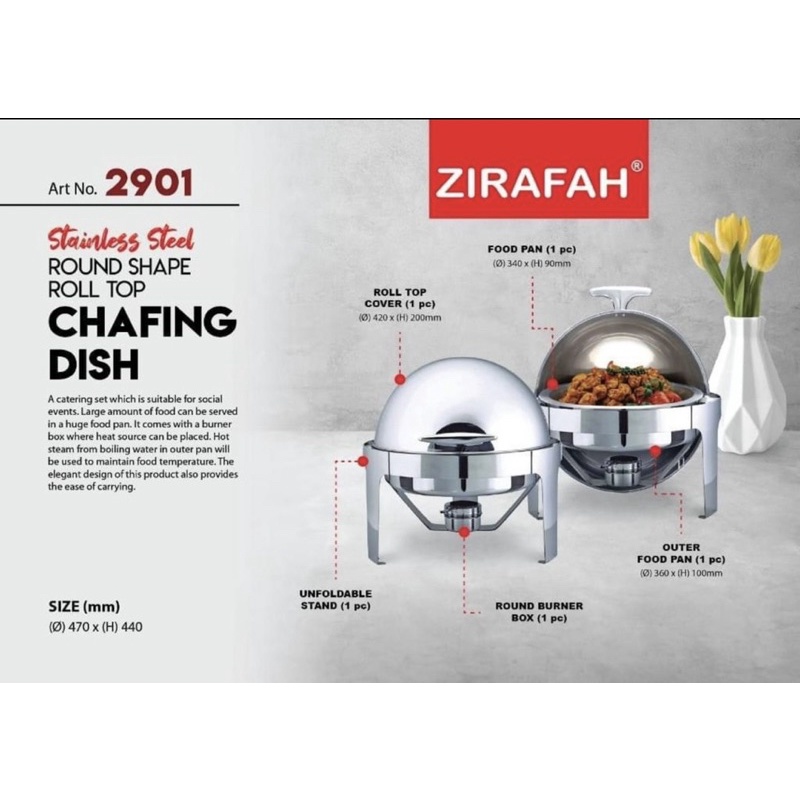 READY STOCK 🔥ZIRAFAH 470mm x H440mm Stainless Steel Round Shape Roll Top Chafing Dish/Catering Roll Top/Buffet Kerang