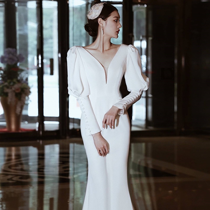 Light Wedding Dress 2022 New Style Trailing Tail Slimmer Look Fishtail Super Fairy Mori Simple Travel Shooting Spring Bride White Outing Veil Qs1630