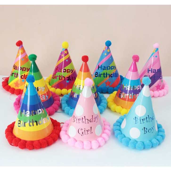 NEW Baby Kid Rainbow Birthday Party Hat Child Crown Decoration Pompon Paper Cap Cartoon Pattern Festival Colorful(1336L)