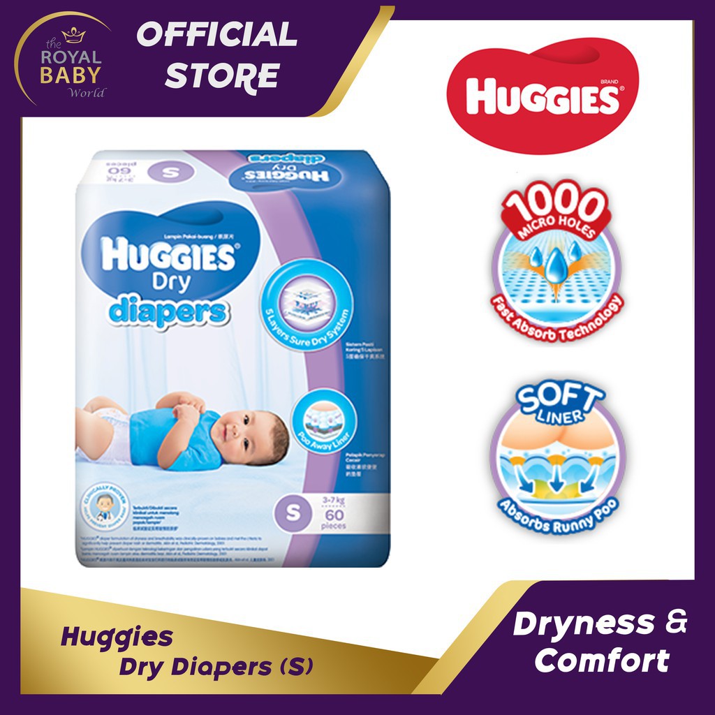 Pampers*barang Baby* Huggies Dry Disposable Diapers (S) 3-7kg 60pcs ...