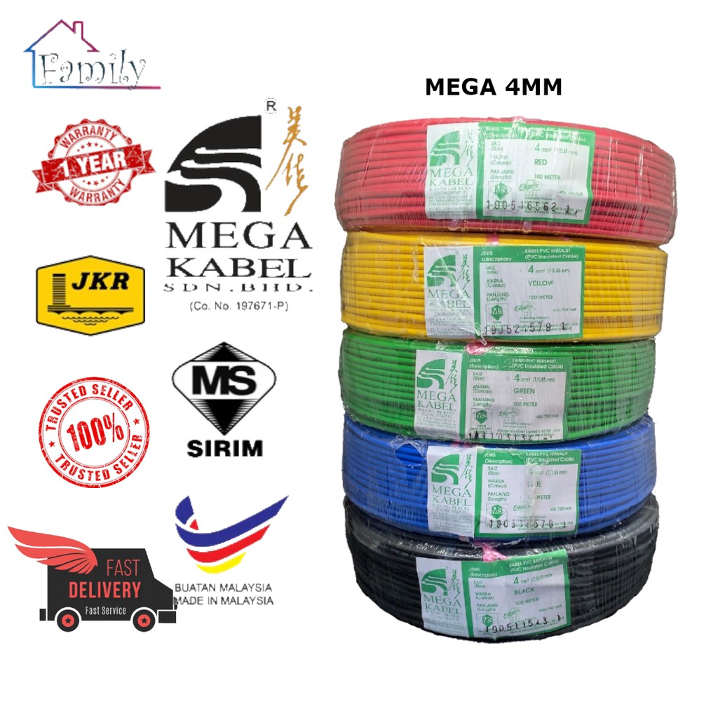 4mm Mega Kabel Insulated Pvc 100 Pure Copper Cable Sirim Shopee