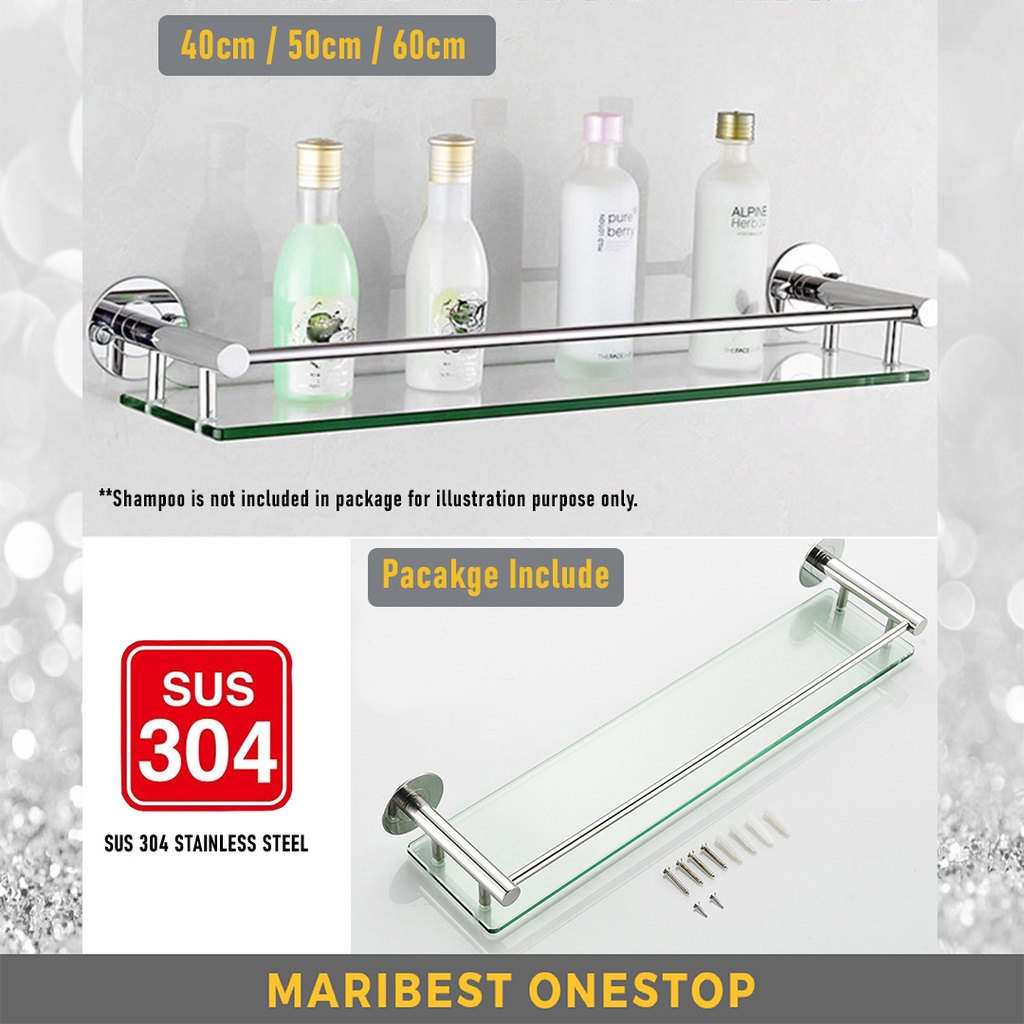 K08 GLASS SHELF SHAMPOO RACK BATHROOM SUS 304 STAINLESS STEEL 40/50/60 CM WALL MOUNTED DRILL
