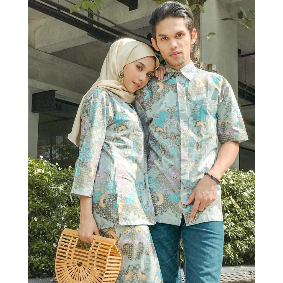  Baju  Batik  Couple  Sedondon Cotton Premium  Biru Shopee 