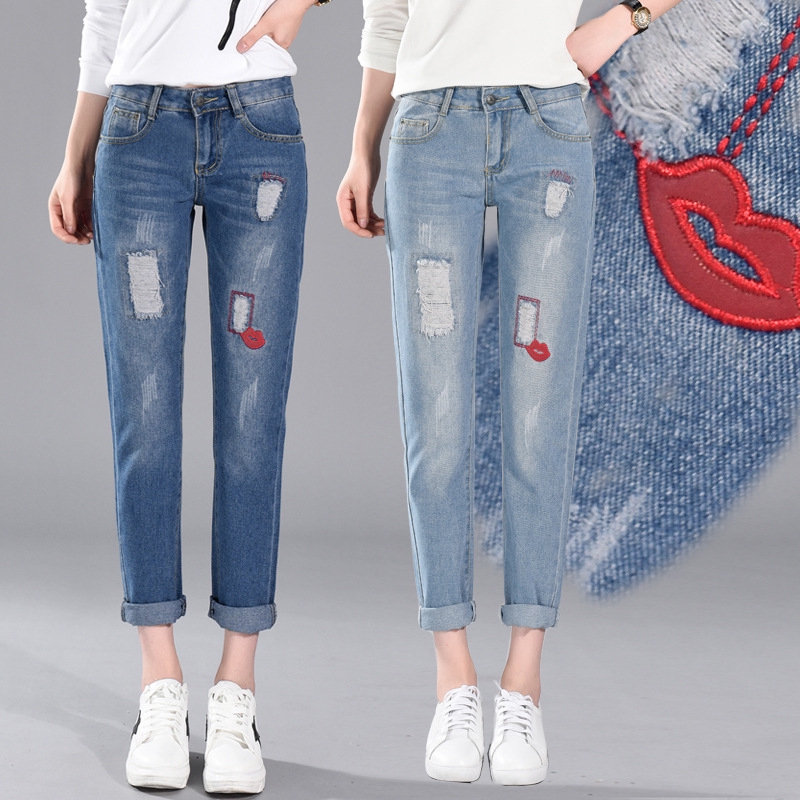 New Style Cropped Jeans Female Loose Leisure Ripped Cropped Pants Women Pants Shopee Malaysia