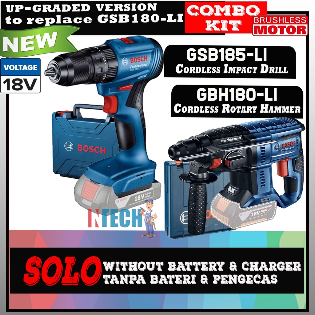 BOSCH 18V BRUSHLESS MOTOR GSB185LI CORDLESS IMPACT DRILL + GBH180LI