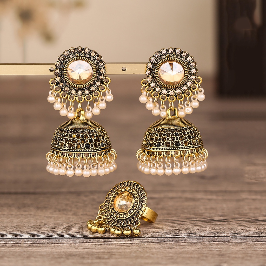 Earring Ring Set Fashion Traditional Tribal Oxidized Jhumka Earrings Indian Bollywood Jewelry Gold Silver Flowers Layered Tassel Earring Ring