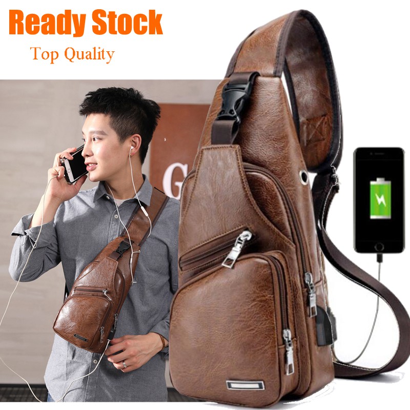 men vintage pu leather crossbody sling bag large capacity casual backpack usb charge