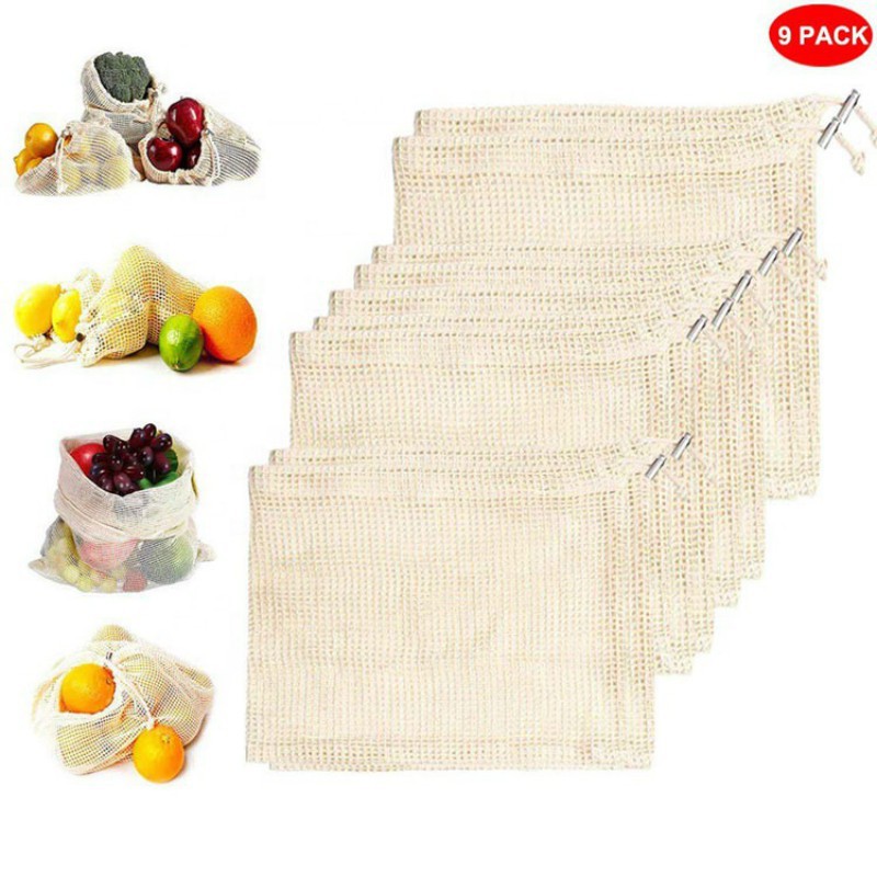 RHS Online 9PCS Natural Cotton Mesh Reusable Produce Bags Washable Bag for Grocery Storage