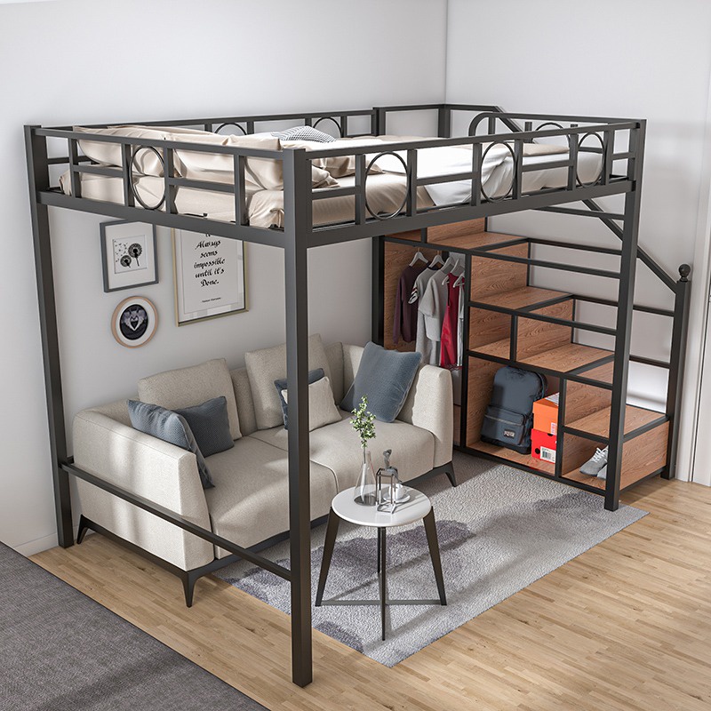 Loft Bed With Mini Wardrobe Multifunction Thickened Metal Frame Bunk