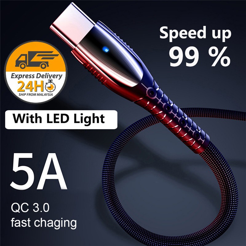 KAXOE ReadyStock 5A Fast Charger LED Light Micro USB / Type-C Quick Charging Cable for iP Phone Android phone