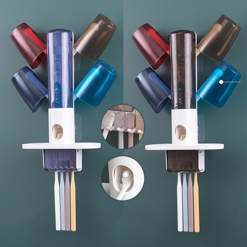 TheBags Wall Hanging Family Toothbrush Rack Cup Holder With Toothpaste Dispenser Penyangkut Berus Gigi