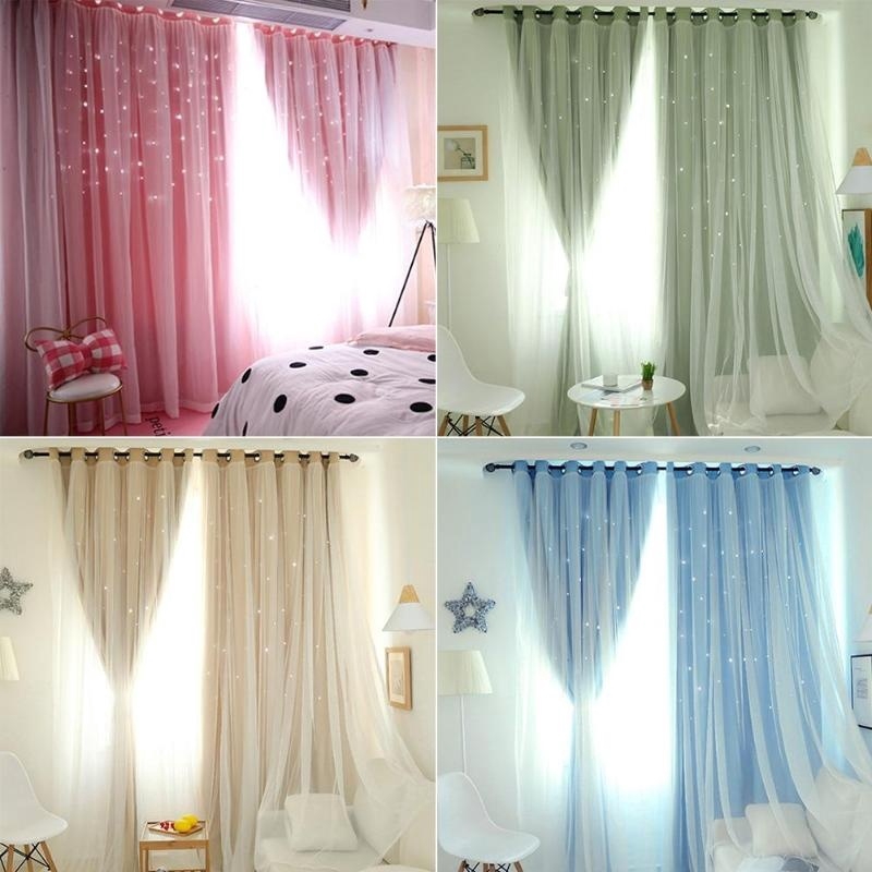 Langsir 5 Colors Blackout Curtains For Living Room Door Cuirtain Window 2 Layers Curtain Hollow Star Bedroom Curtain