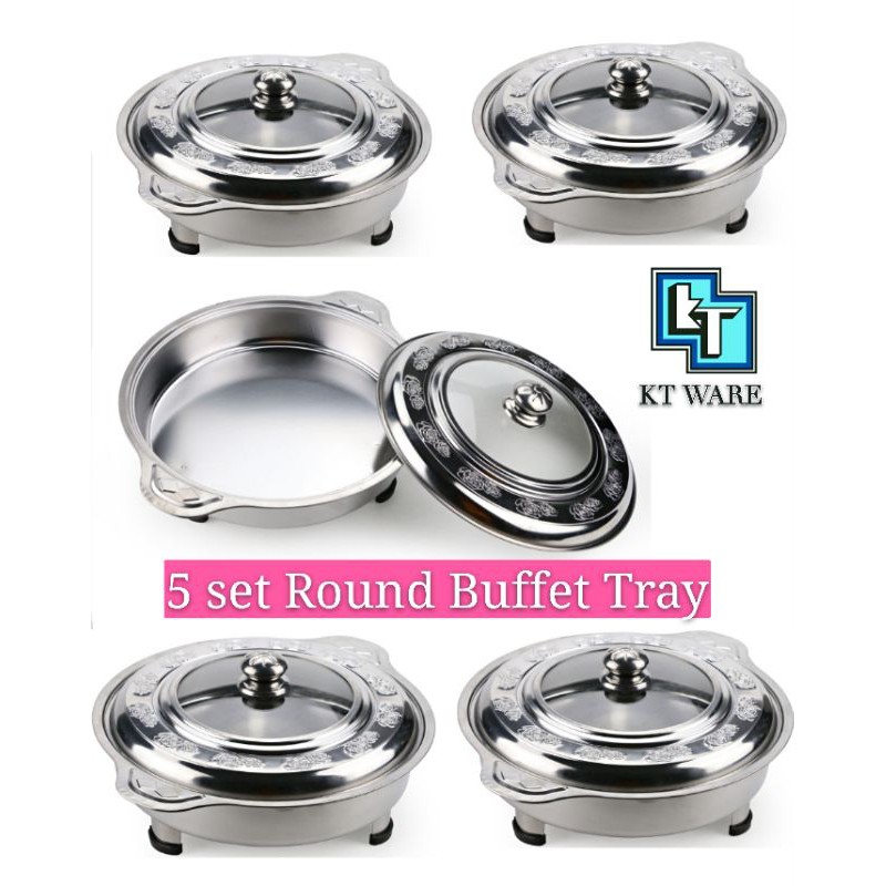 KT WARE 5 set 31cm embosser round buffet tray set with glass cover berkas lauk stainless Steel tray kenduri catering tra