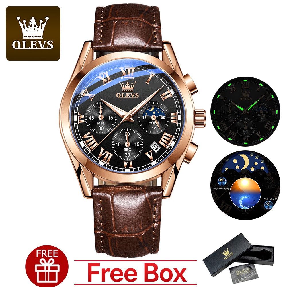 OLEVS Jam Tangan Lelaki Original Waterproof Watch Men Quartz Analog Genuine Leather Business Sun