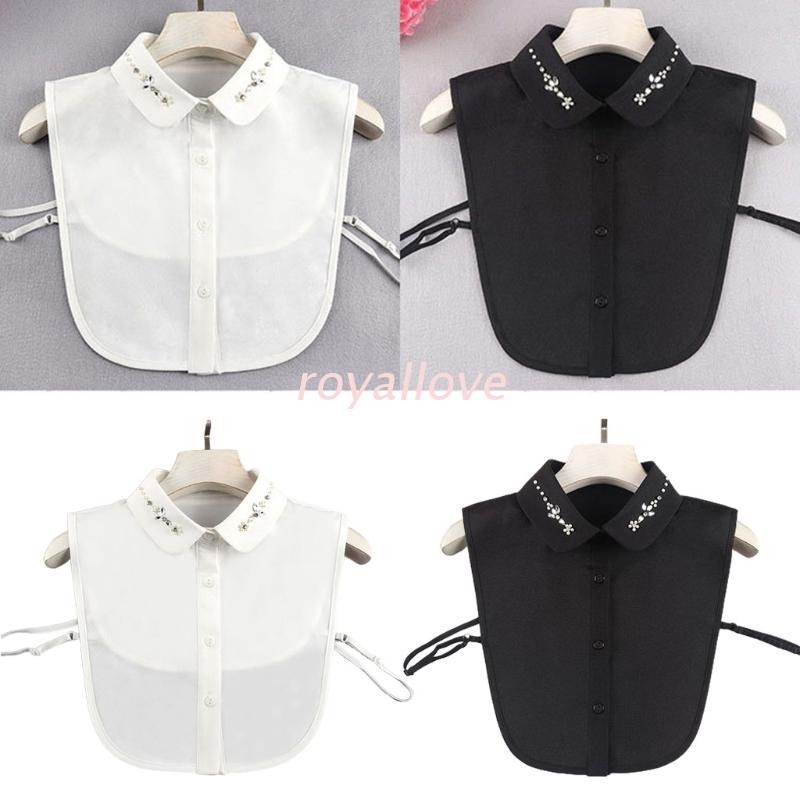 royal Women Rhinestone Pearl Beading Floral False Fake Lapel Dickey Collar Detachable Half Shirt Blouse High Low Buttons Down Decorative Clothing