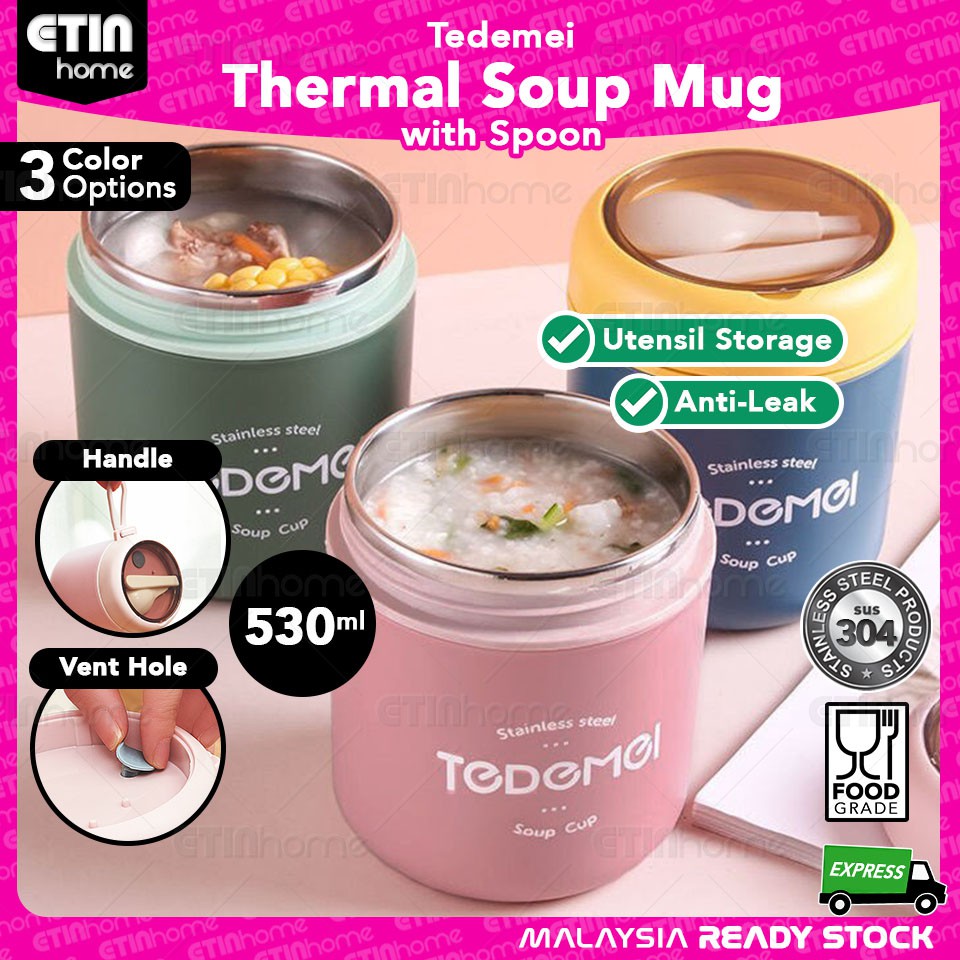 Stainless Steel Thermal Food Jar Tedemei 530ml Soup Mug with Spoon Insulated Lunch Box Breakfast