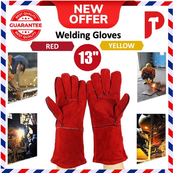 13” Heat Fire Resistant Welding Gloves Flexible Finger Leather Safety Work Gloves Welder Fireplace (Red/Yellow)