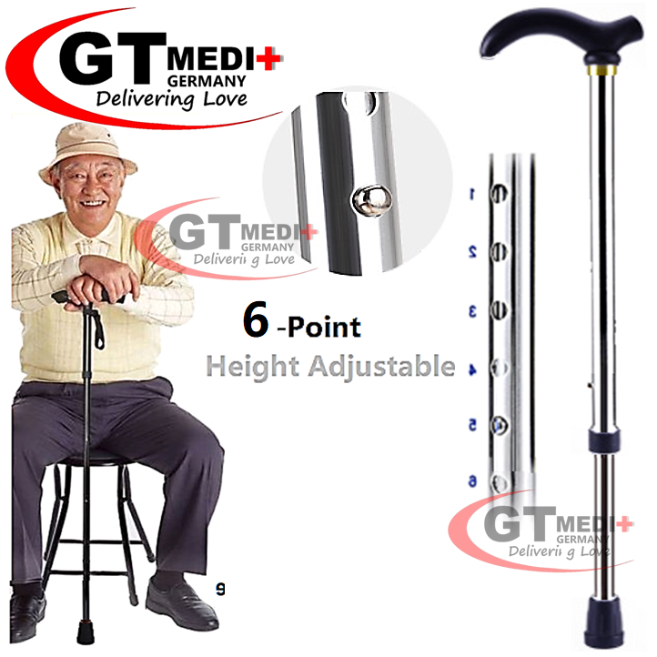 GT MEDIT GERMANY 6 Point Adjustable Height Flexible Cane Walker Crutch Walking Aid Mobility Stick / Tongkat