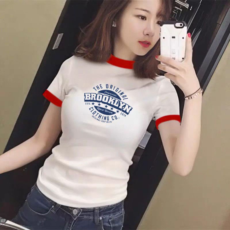 [Yddy] Slim-Fit Short-Sleeved T-shirt Women's Online Red T-shirt Women's Ins Super Popular White Western Style Crew Neck Short Sleeve T-shirt Clothes Fashion