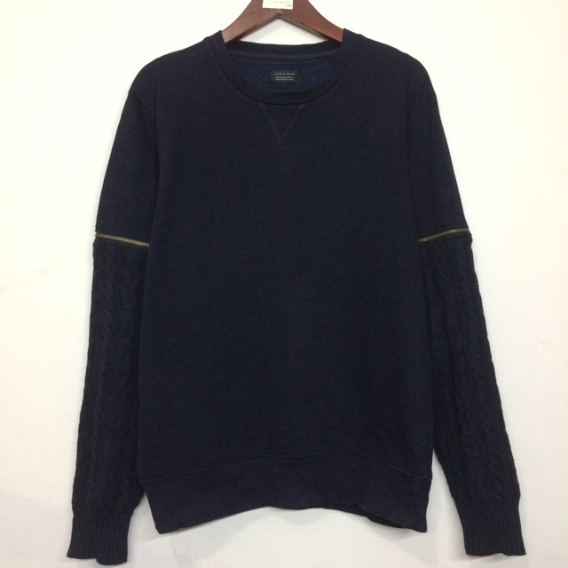 Zara Man Crewneck Sweatshirt With Zipper Knit Sleeve