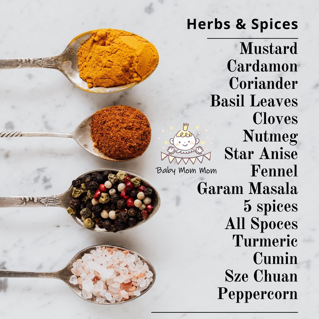 Cardamon Coriander Basil leaves Clove Nutmeg Star Anise Fennel