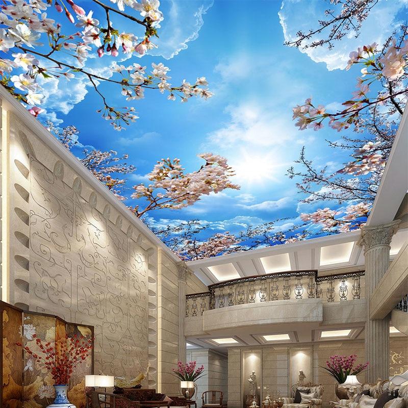 Blue Sky White Clouds Cherry Blossoms Photo Wallpaper 3d Ceiling