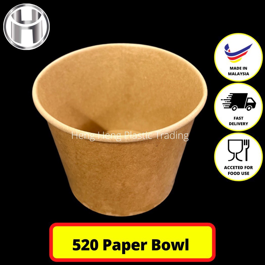 520 Disposable Paper Bowl with Lid (50pcs) Brown / White - 520ml ODEN / Laksa / soup