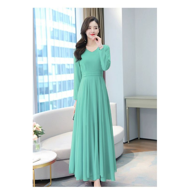 [New] Korean style long sleeves maxi dress (size M to 4XL) Shopee