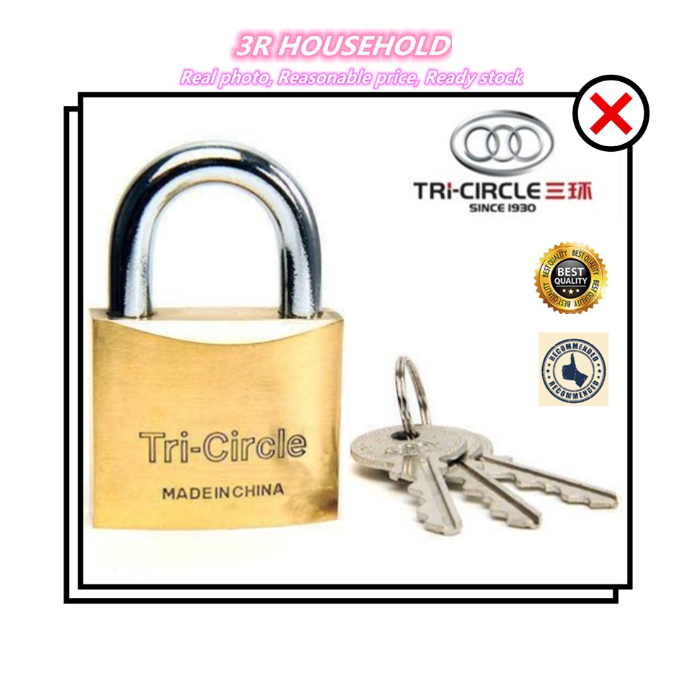 GENUINE TRICIRCLE BRASS PADLOCK 80 Years Old Premium Brand Heavy Duty
