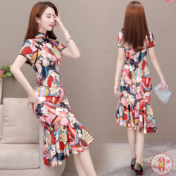 [YunLun❤️Affordable] 2022 Summer New Style Plus Size Women's Clothing❤️Fat mm Slimmer Look Improved Cheongsam Feminine Short-Sleeved Belly Cover Dress