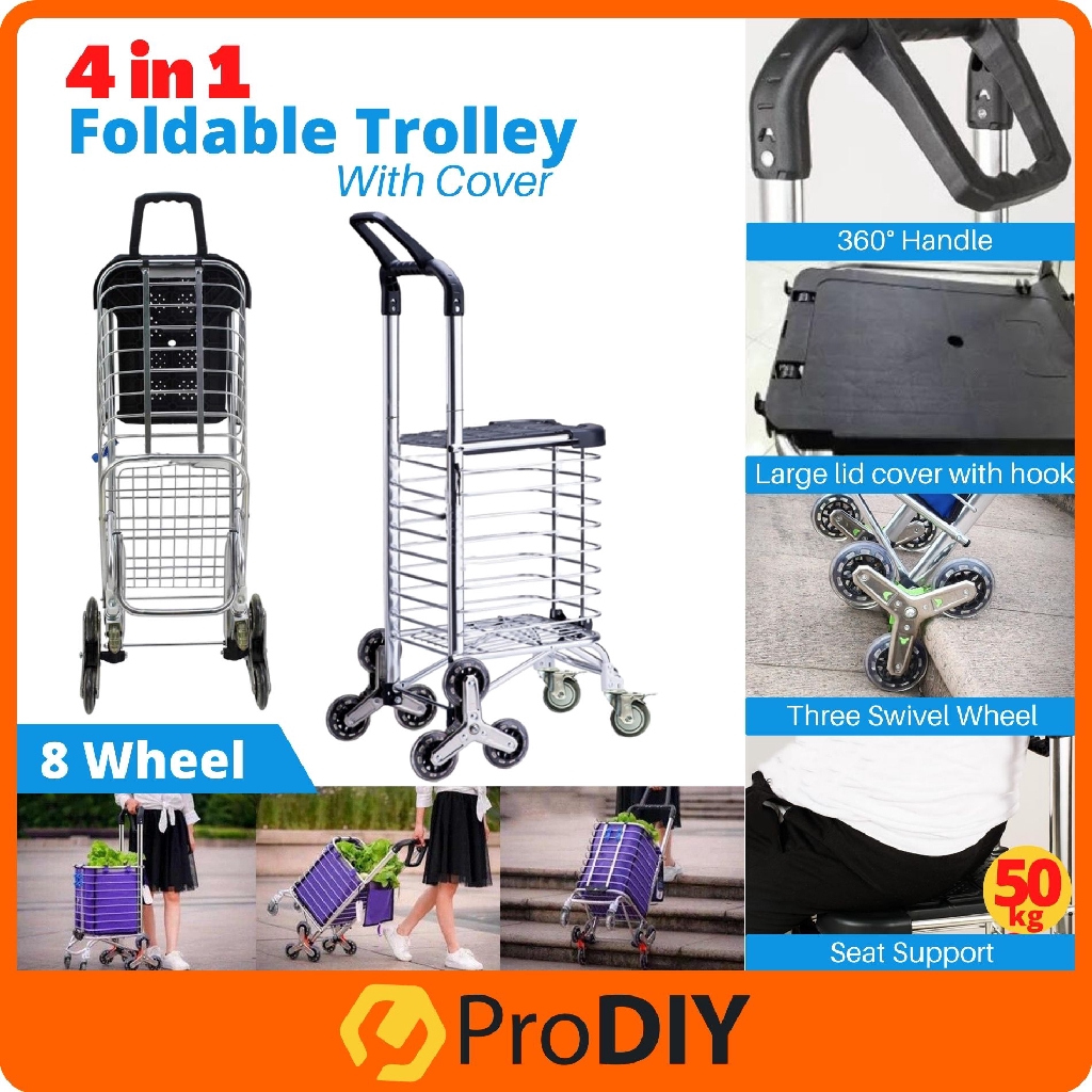 4 in 1 Foldable 8 Wheel Stair Climber Lid Cover Aluminium Folding Grocery Shopping Trolley Cart Sit Trolley Troli Lipat