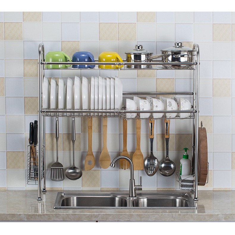 2 Tier Double Sink Stainless Steel Kitchen Rack Shelf With Cutting Board Holder Cutlery Organizer Shopee Malaysia