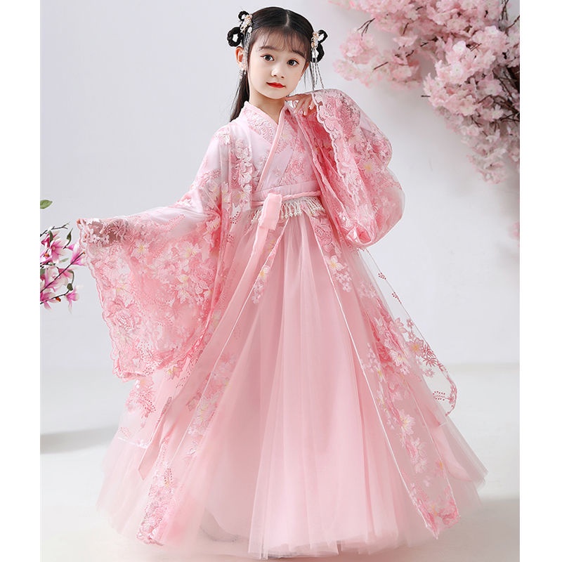 ✨Hanfu Children's Chinese Style Super Immortal Dress Ancient Style Girl Cherry Blossom Princess Ru Skirt Tang Dress Girl Ancient Dress汉服儿童中国风超仙连衣裙古风女童樱花公主襦裙唐装女孩古装