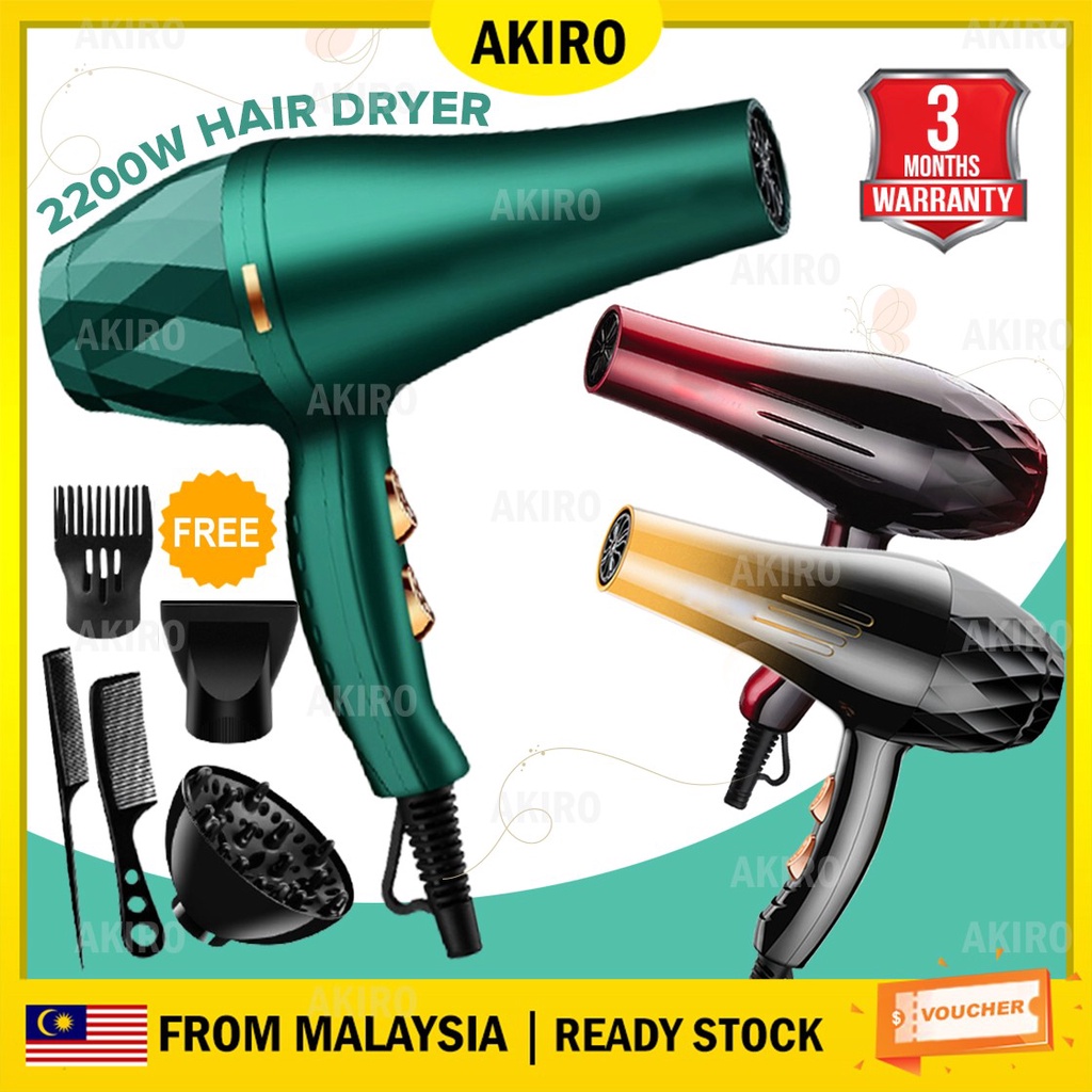 AKIRO Portable 2200W Travel Hair Dryer Strong Wind Ionic Senang Dibawa Berkuasa Pengering Rambut dgn Aksesori