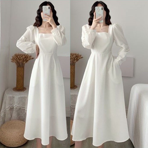 Women Fashion Trend White Long-sleeved Dress Summer Square Collar Slim Waist Retro Long Maxi Dresses