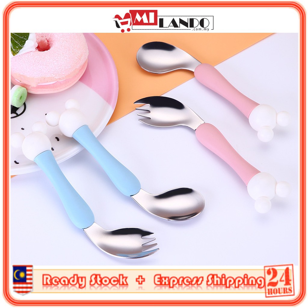 (2 Pieces) MILANDO Children Baby Steel Fork Spoon Learning Set Practice Portable Cutlery Set (Type 9)