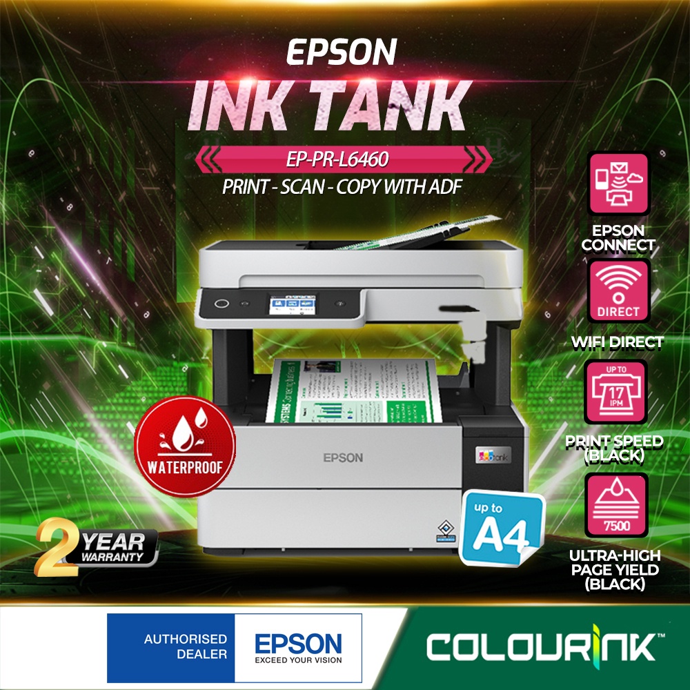 Epson Eco Ink Tank L6460 A4 3in1 Wifi Pigment Colour Photo Printer