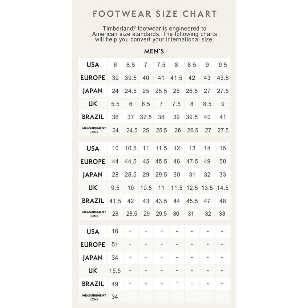 timberland shoes size chart cm