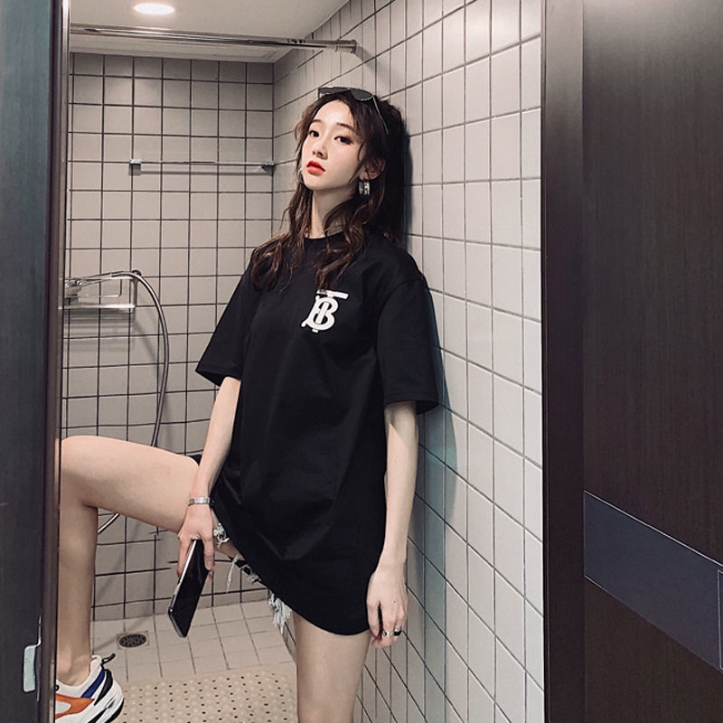 Plus Size/40-150KG/2Colors】Oversized Korean Style Women Solid Color T-shirt  Half Short Sleeves BIg Loose Letter Printed Tee Summer Maternity Cloth T- shirt Round Neck Casual Top 100% Soft Cotton Fashion Fat Size Medium-Long  Length