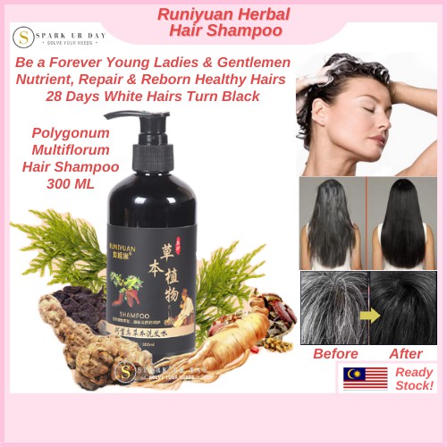 RUNIYUAN Hair Shampoo Herbal Polygonum Multiflorum Nutrient White Hair turn  Black Moisture | Syampu Rambut | 何首乌洗发水300ml | Shopee Malaysia