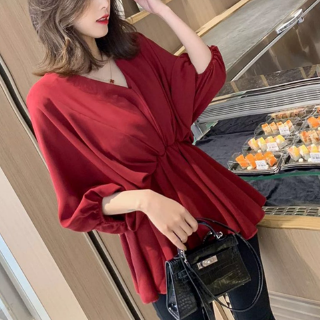  Ready Stock Fashion V  neck  Slim Waist Women Blouse Baju  