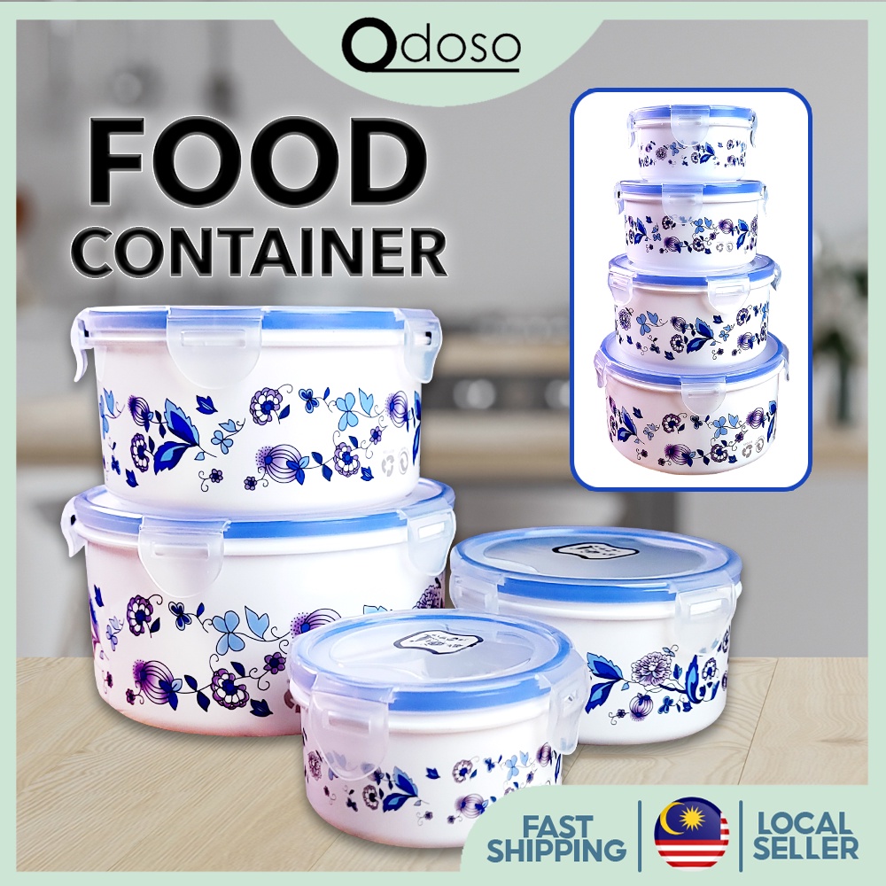 ODOSO 4 in 1 Set Flower Print Bowls Set Food Container with Lids Bekas Makanan (Microwaveable and Frozenable)